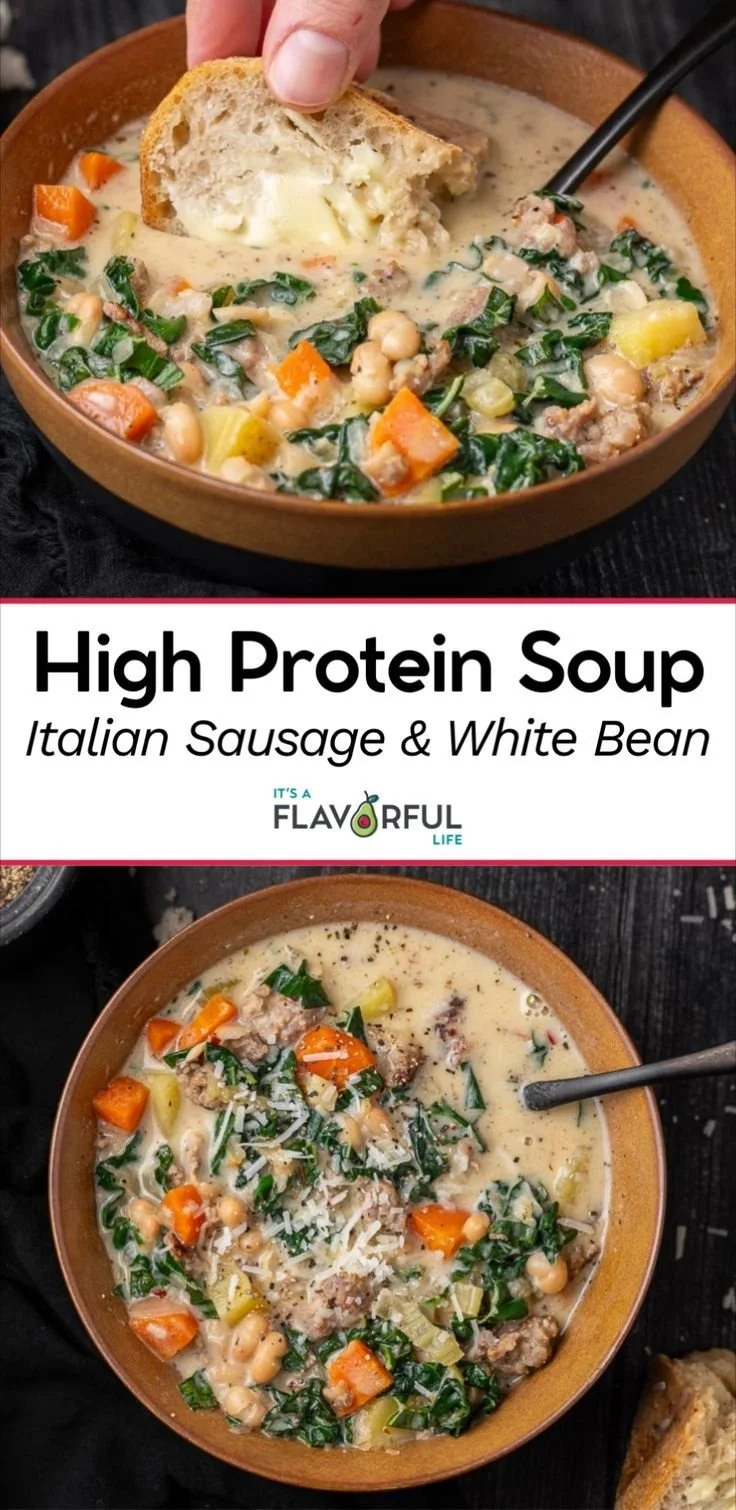Bowl of high protein white bean soup garnished with herbs