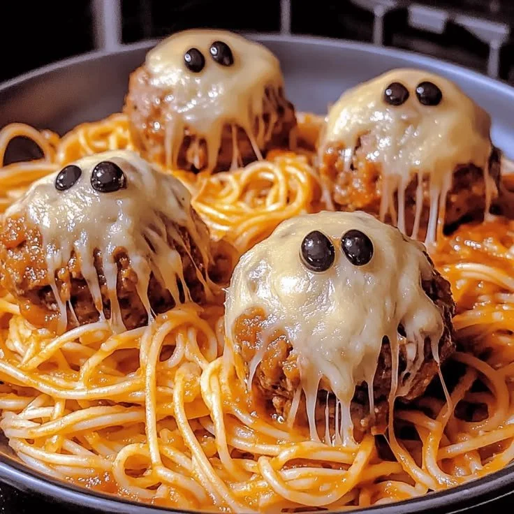 Delicious spooky spaghetti and cheese stuffed meatballs on a plate.