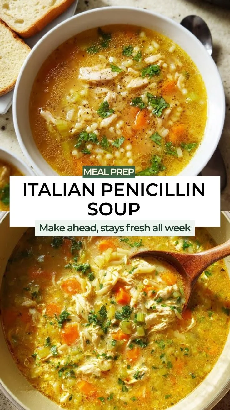 Bowl of Italian Penicillin Soup with chicken and pasta for a cozy meal