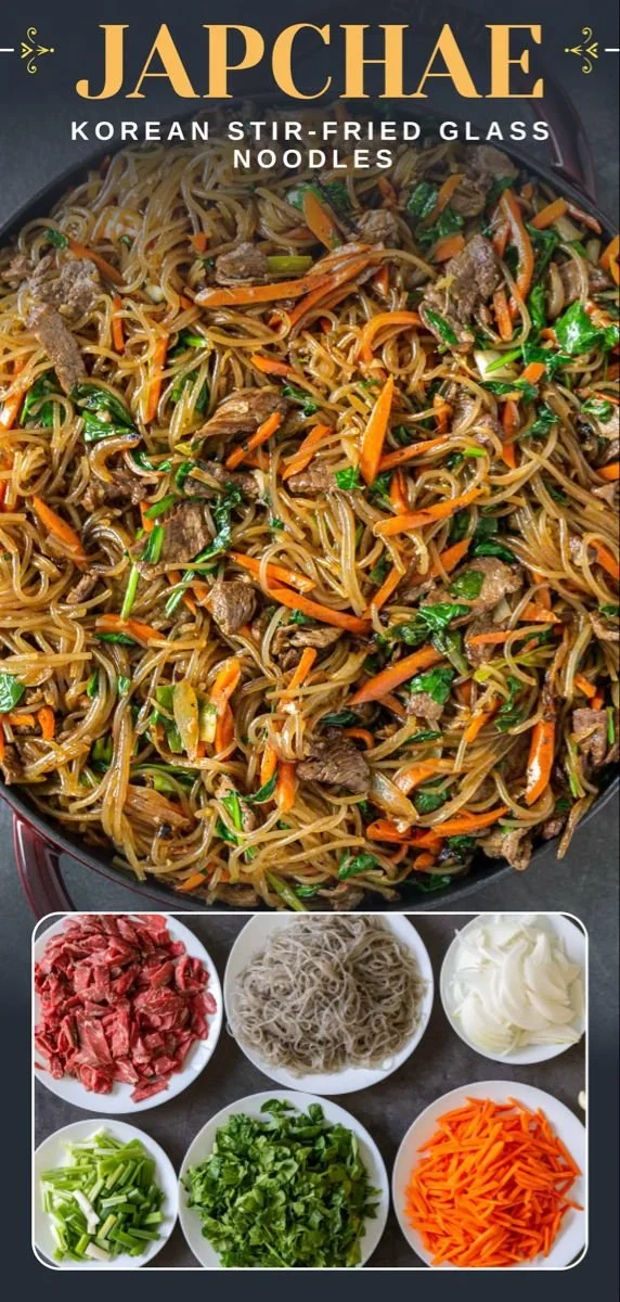Delicious Japchae dish garnished with colorful vegetables and glass noodles