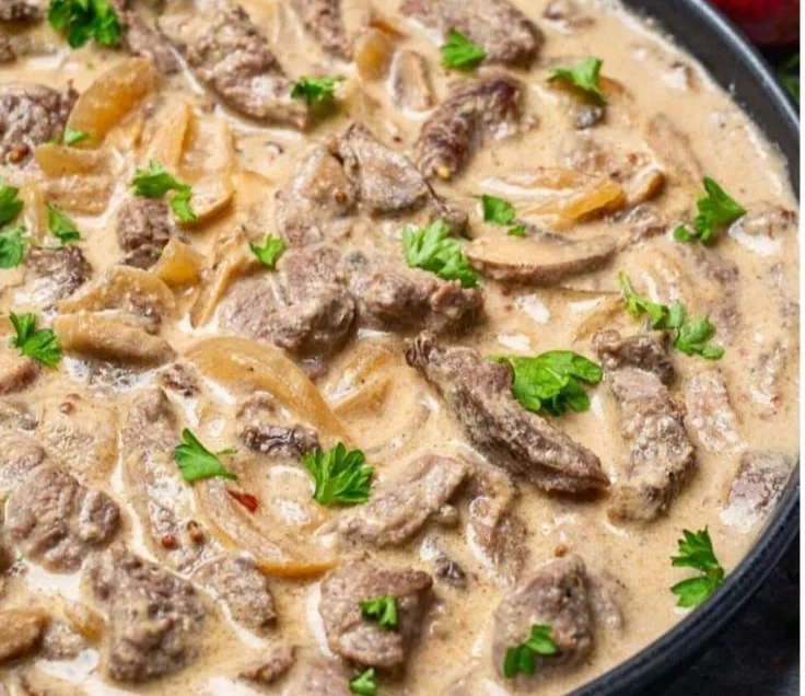 Delicious Keto Beef Stroganoff served with creamy sauce and mushrooms