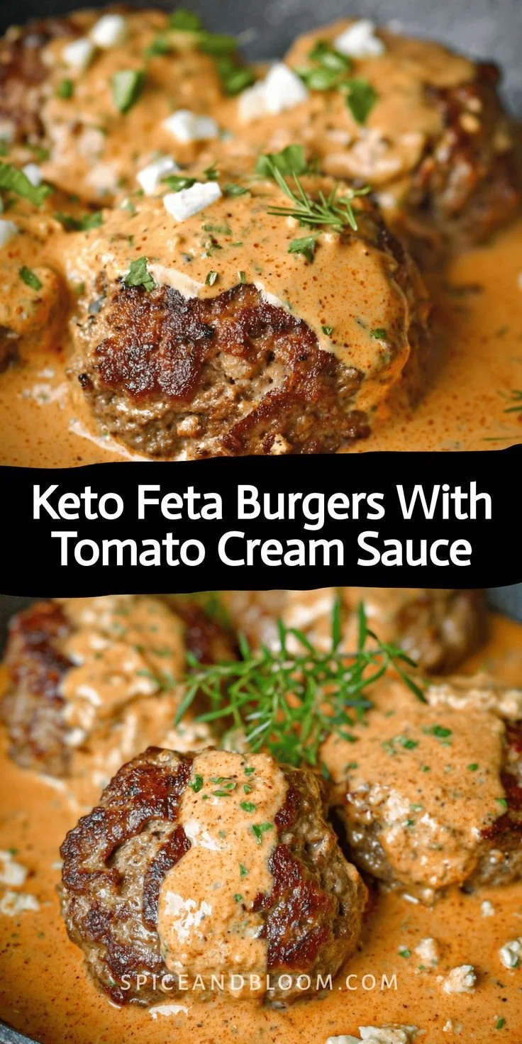 Keto Feta Burgers served with creamy tomato sauce on a plate
