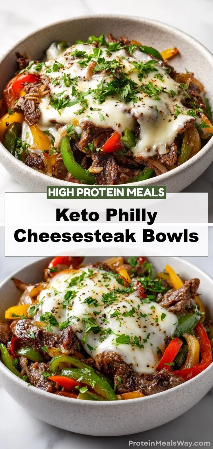 Keto Philly Cheesesteak Bowls with bell peppers and cheese in a bowl