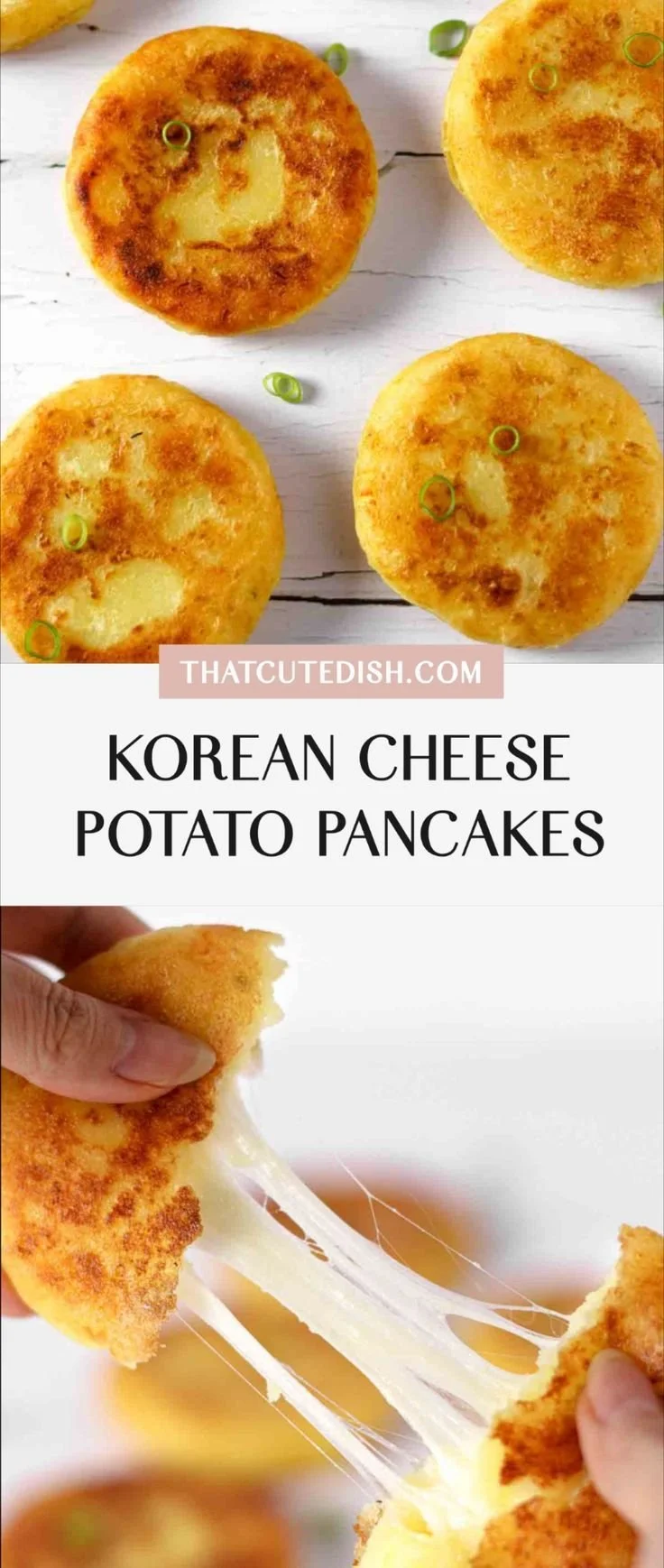 Korean Cheese Potato Pancakes served with dipping sauce on a plate.