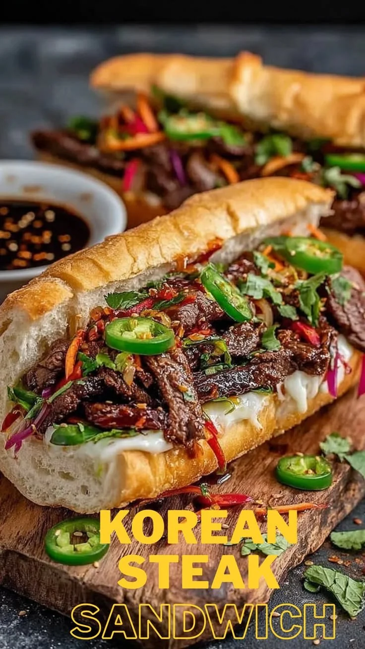 Korean steak sandwich with spicy sauce, lettuce, and sesame on a wooden plate