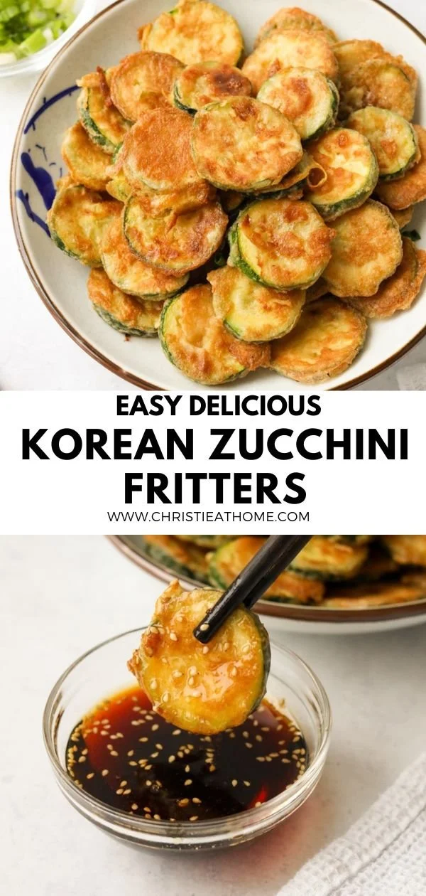 Crispy Korean zucchini fritters served on a plate with dipping sauce