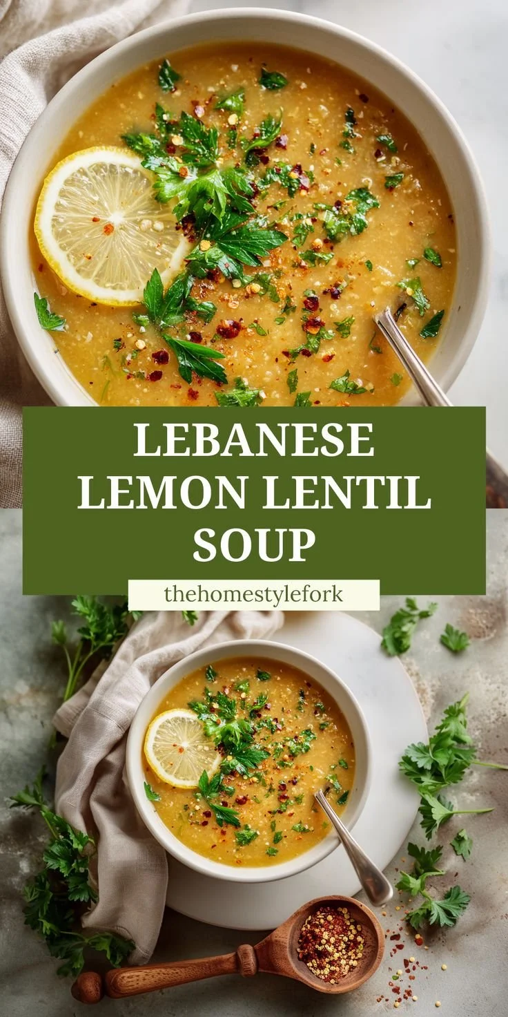 Bowl of Lebanese lemon lentil soup garnished with fresh herbs and lemon slices
