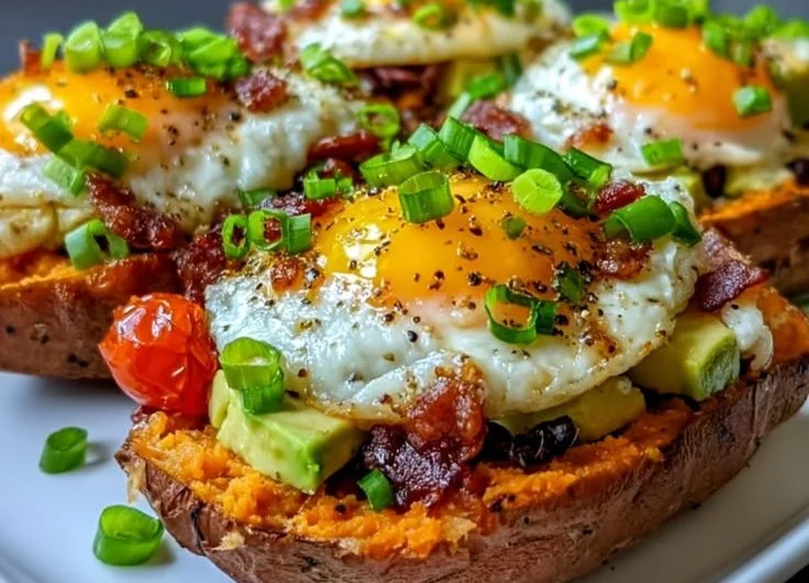 Loaded breakfast sweet potatoes topped with eggs and avocado