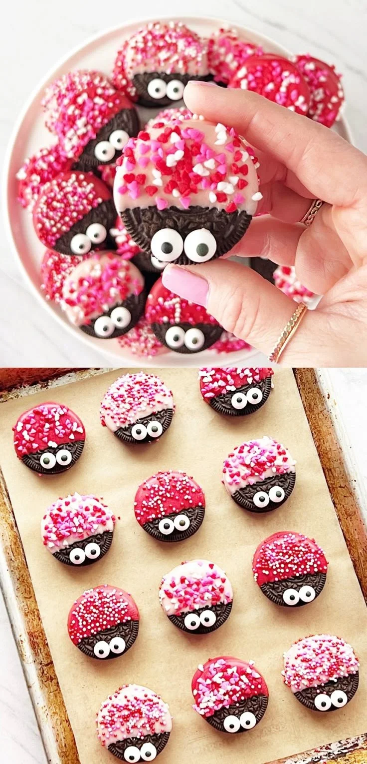 Homemade Love Bug Oreos decorated for Valentine's Day