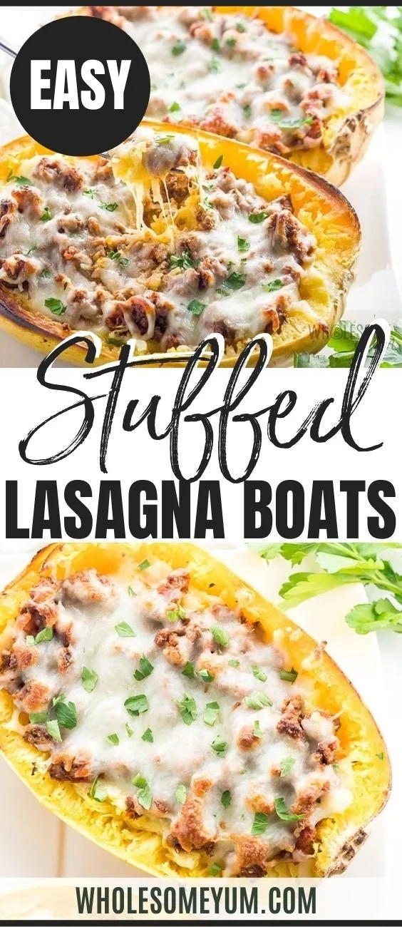 Low carb stuffed spaghetti squash lasagna boats filled with savory meat filling