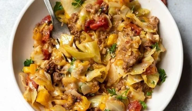 Low carb unstuffed cabbage casserole served in a baking dish