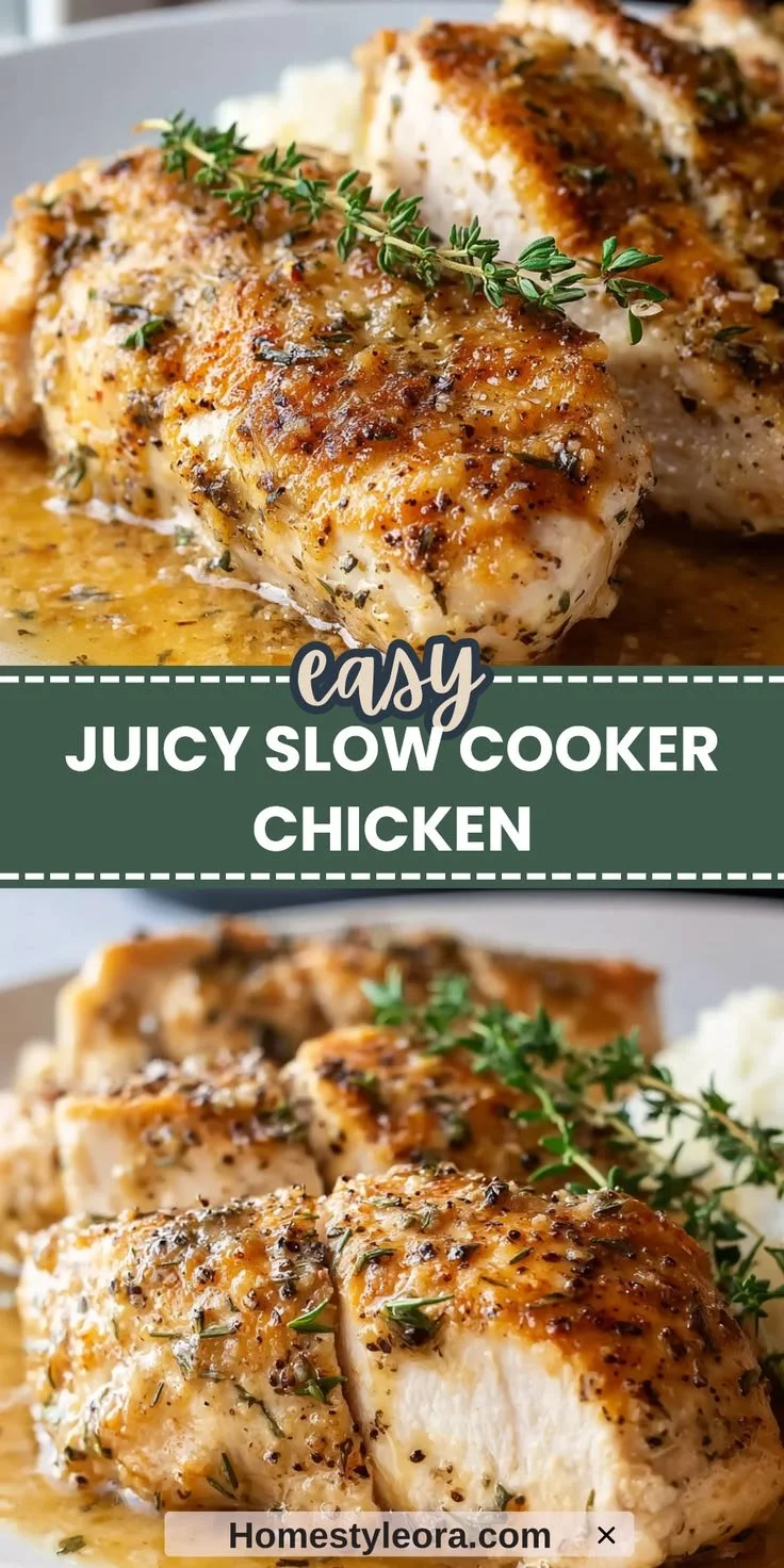 Juicy slow cooker chicken breast served with vegetables and herbs
