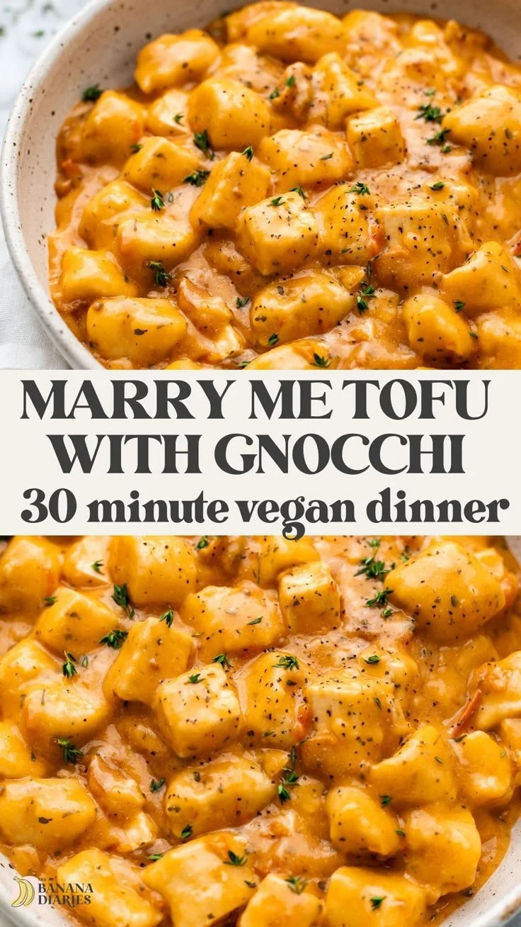Delicious Marry Me Crispy Tofu served with gnocchi, vegan and dairy-free dish