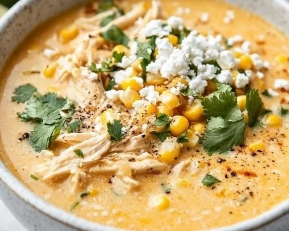 Bowl of Mexican Street Corn Soup garnished with cilantro and lime.