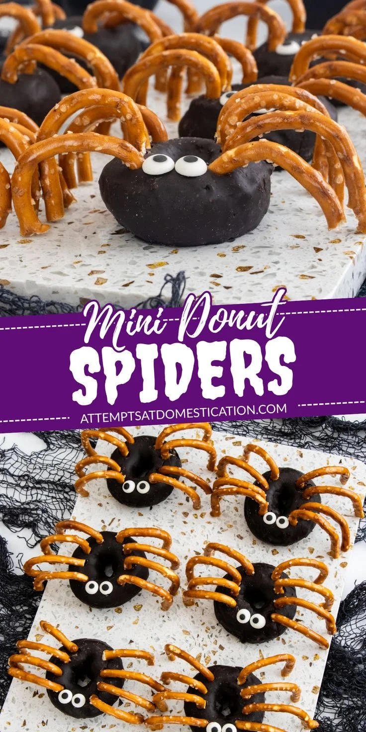 Mini donut spiders decorated for Halloween with candy legs and eyes.