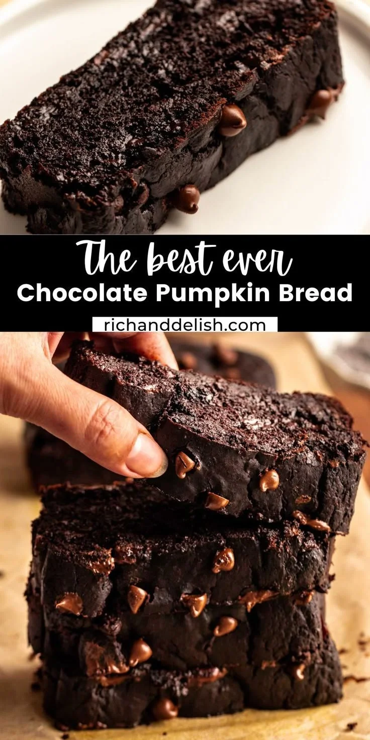 Slice of moist chocolate pumpkin bread topped with chocolate chips