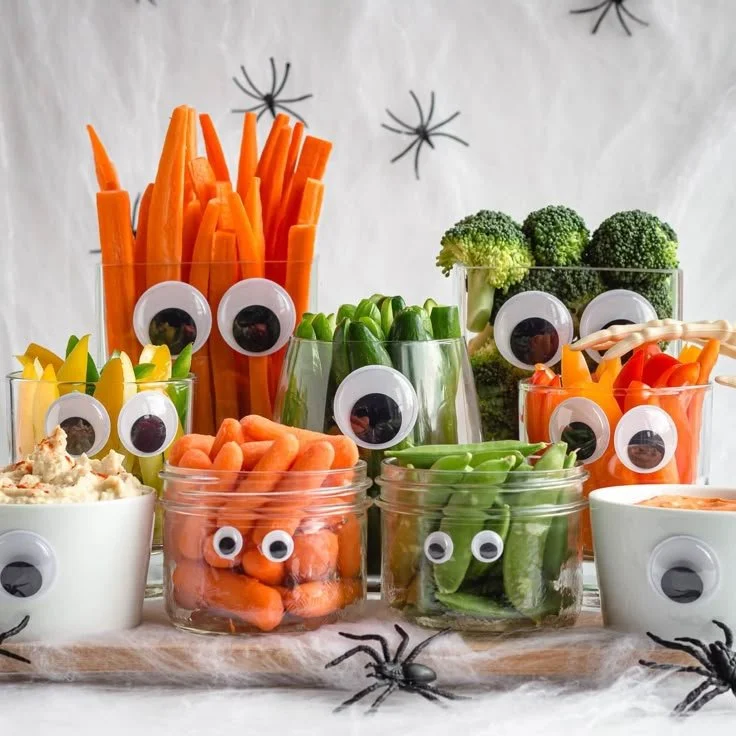 Fun Monster Halloween Veggie Tray with spooky veggie designs for kids' party
