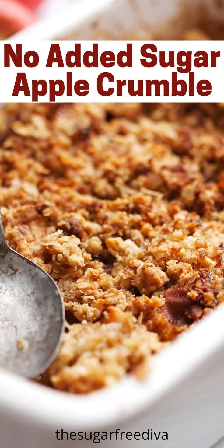 Delicious no added sugar apple crumble topped with oats and cinnamon