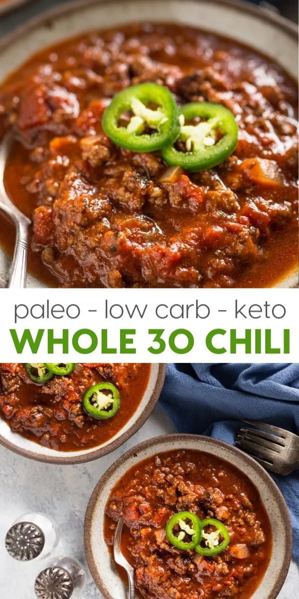 Bowl of Paleo Whole30 Chili topped with fresh herbs and vegetables