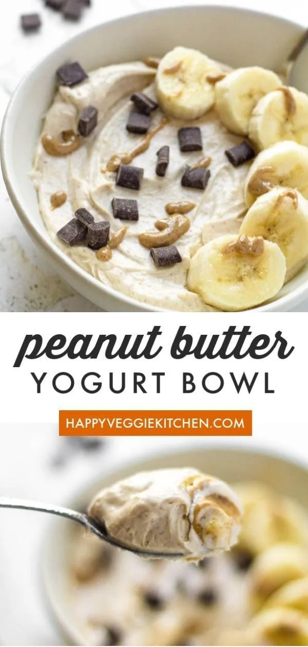 Peanut butter yogurt bowl topped with fresh fruits and nuts