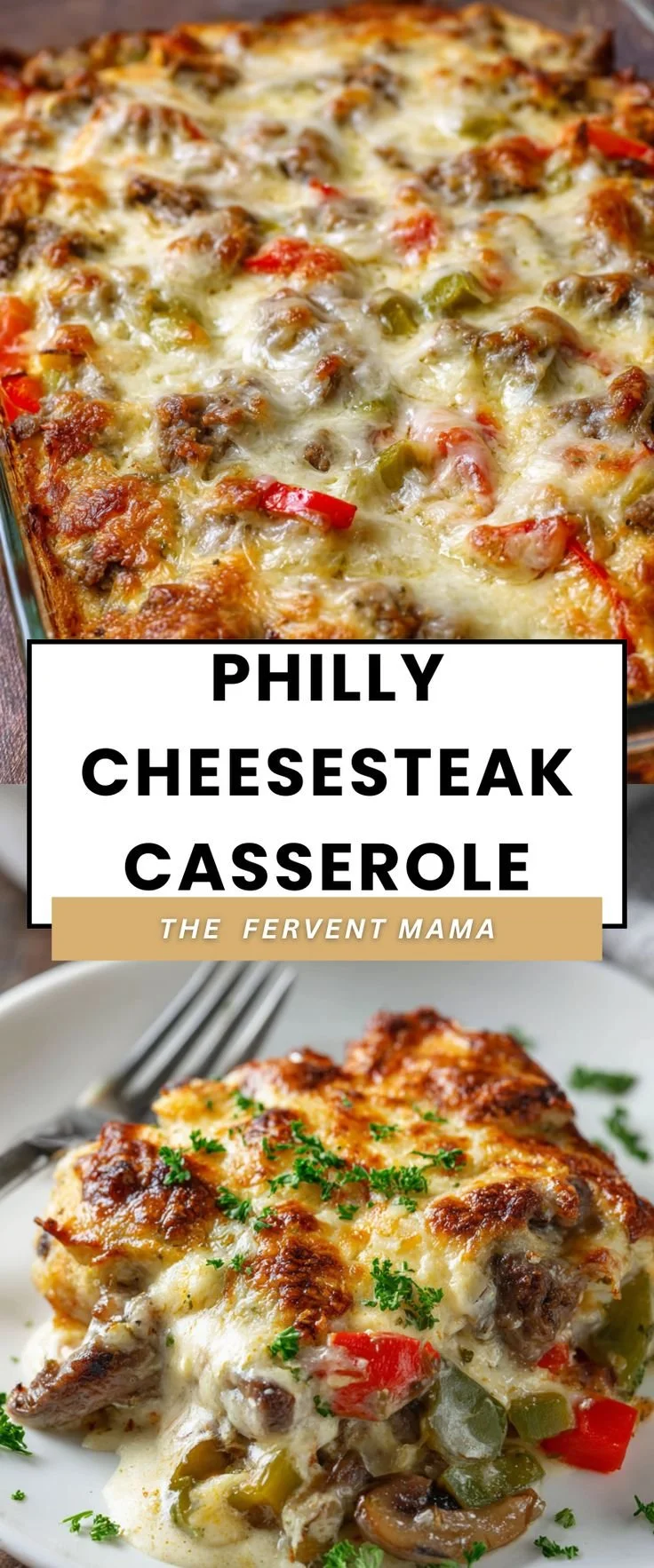 Delicious Philly cheesesteak casserole topped with melted cheese