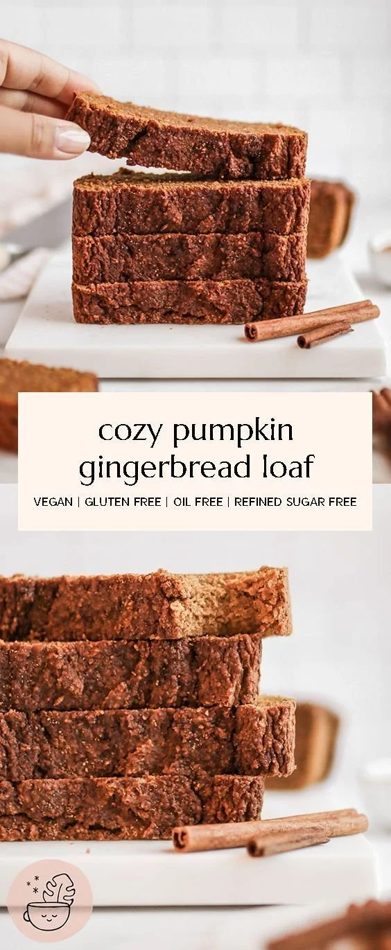 Slice of vegan and gluten-free Pumpkin Gingerbread Loaf on a wooden table