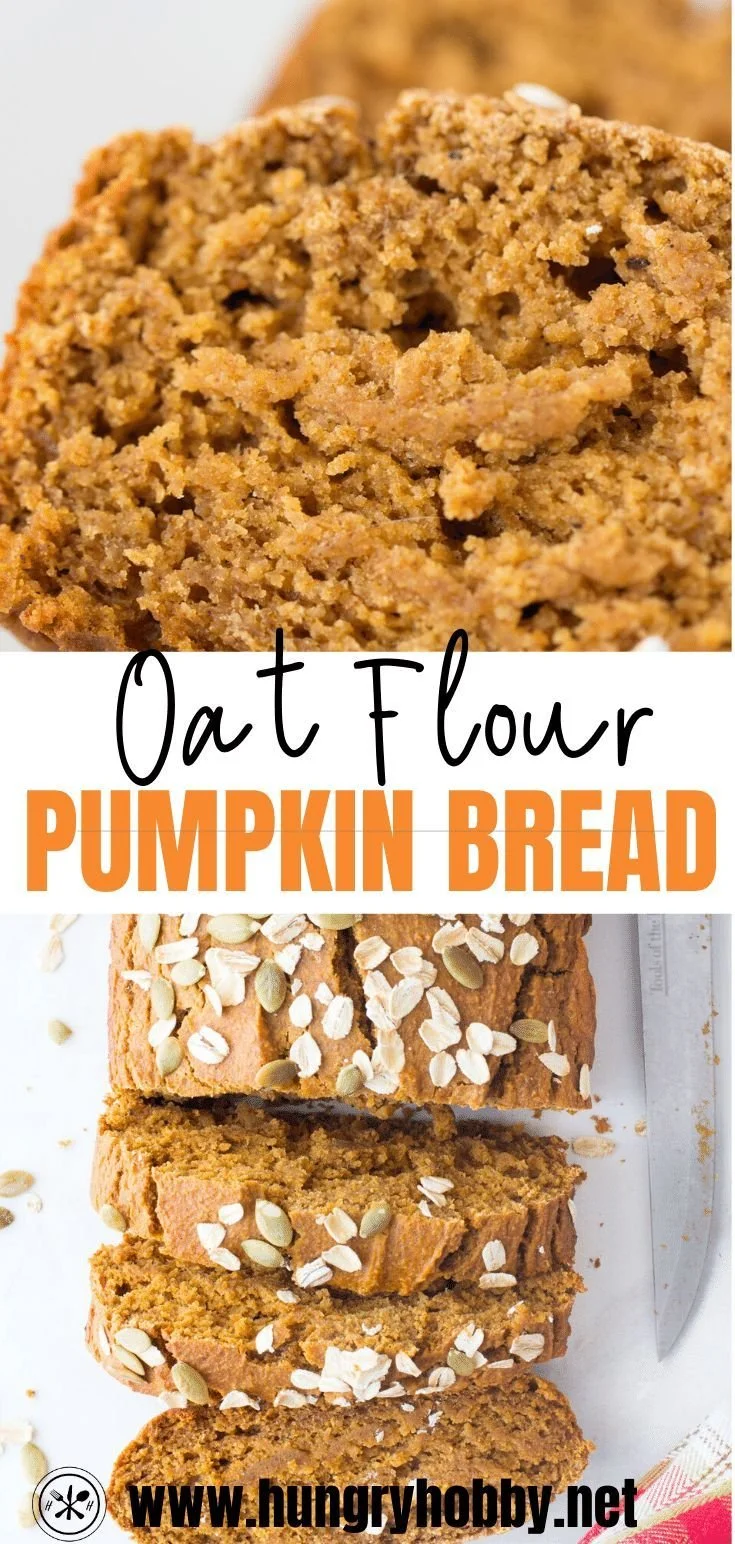 Freshly baked Pumpkin Oat Flour Bread with a slice cut out