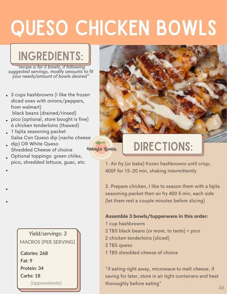 Queso chicken bowl with creamy sauce and seasoned chicken served in a bowl