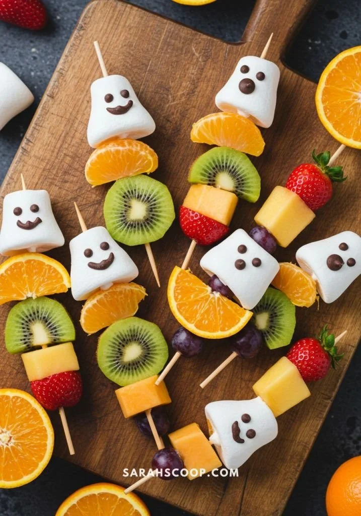 Healthy ghost fruit kabobs made with assorted fruits for Halloween