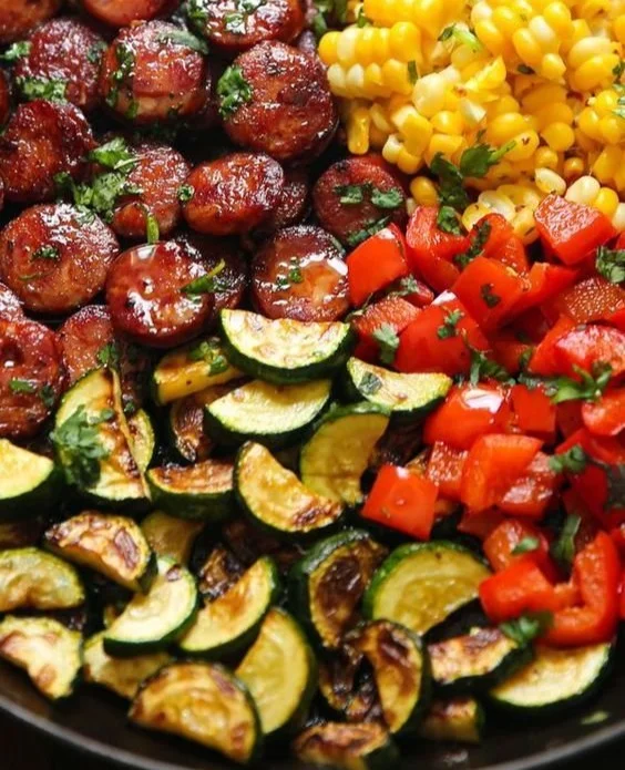 Sausage Skillet with colorful veggies sautéed in a pan