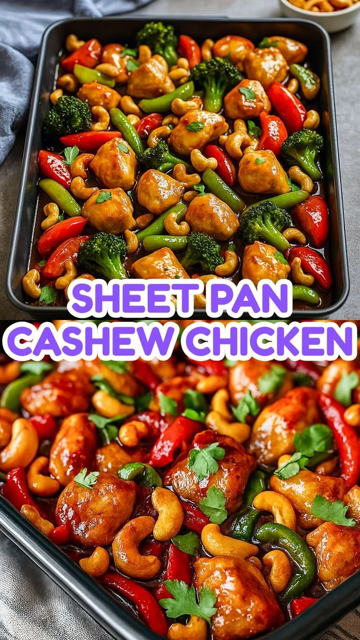 Delicious sheet pan cashew chicken with colorful vegetables and sauce