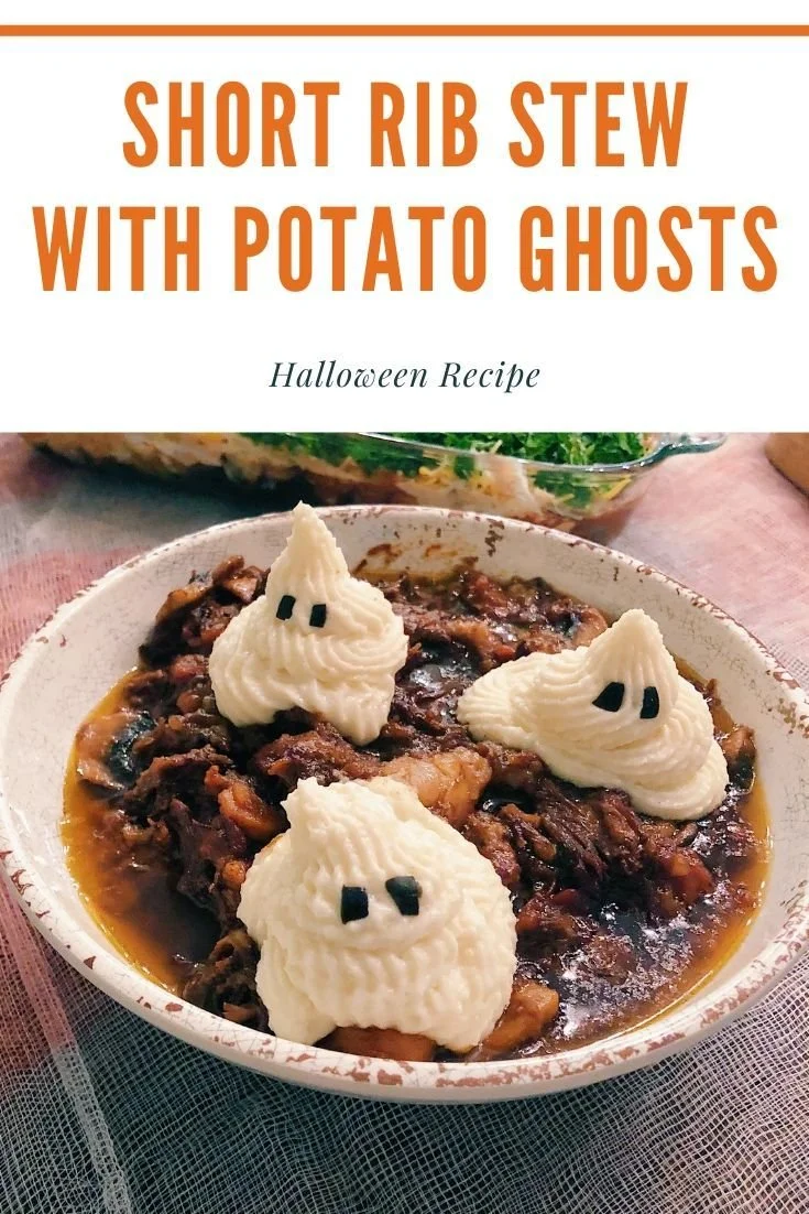 Short rib stew with spooky potato ghosts for Halloween