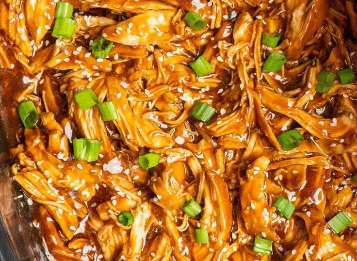 Delicious shredded slow cooker honey teriyaki chicken served on a plate.