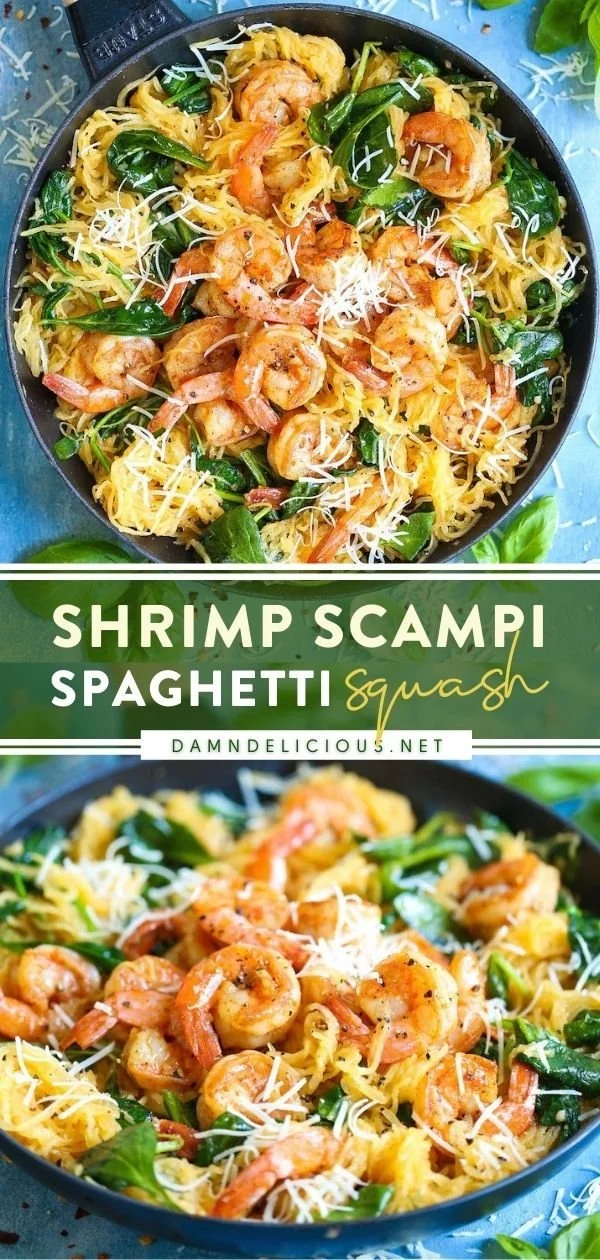 Shrimp scampi served over spaghetti squash, a healthy and tasty meal option.