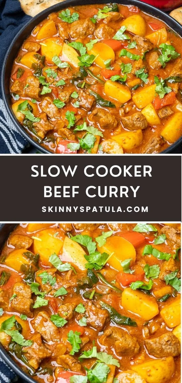 Delicious slow cooker beef curry served in a bowl with spices and herbs