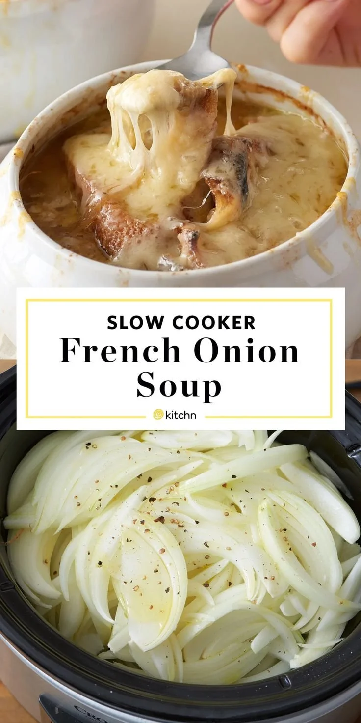 Delicious bowl of Slow Cooker French Onion Soup topped with melted cheese.