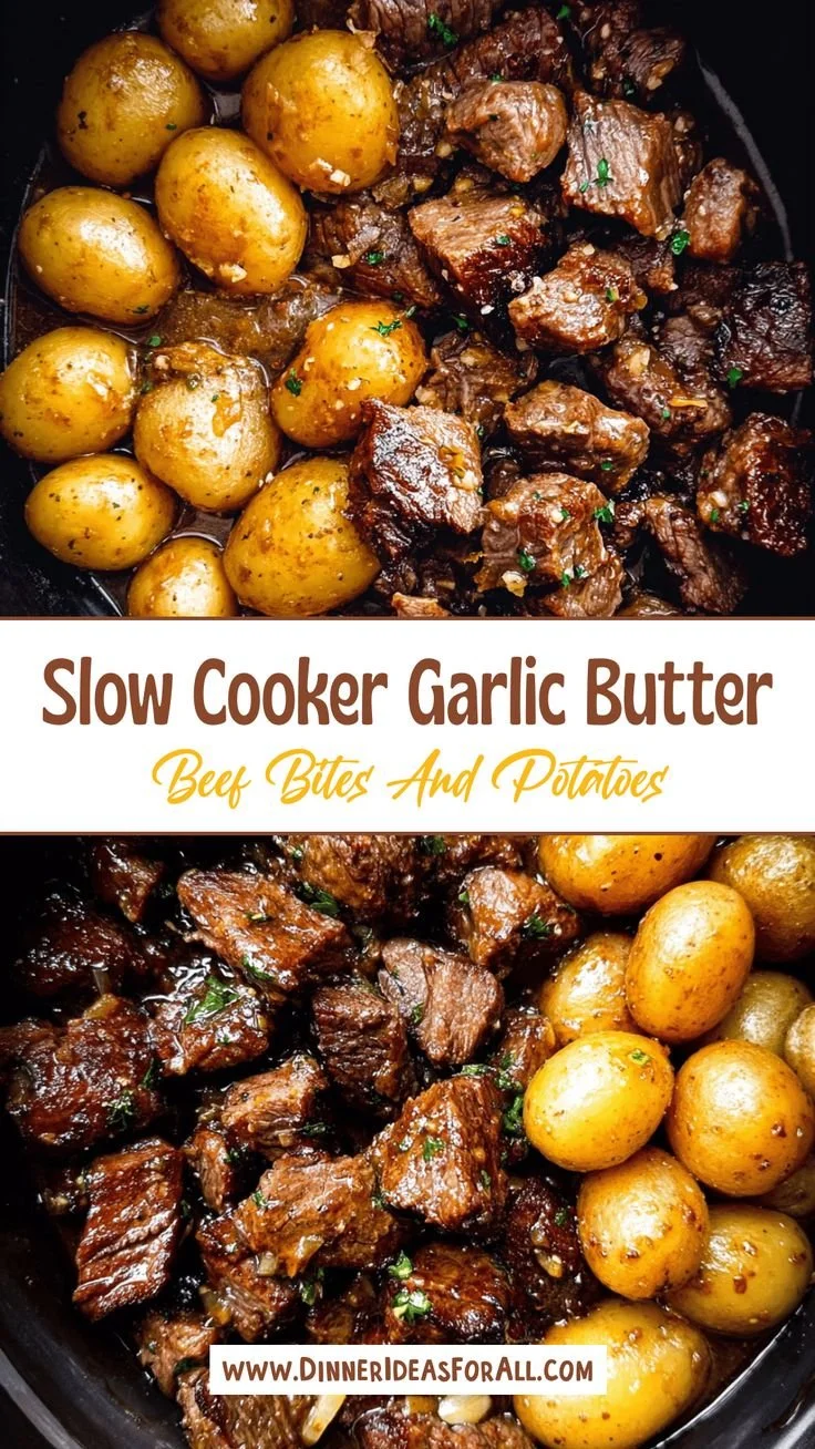 Slow Cooker Garlic Butter Beef Bites served with potatoes on a plate