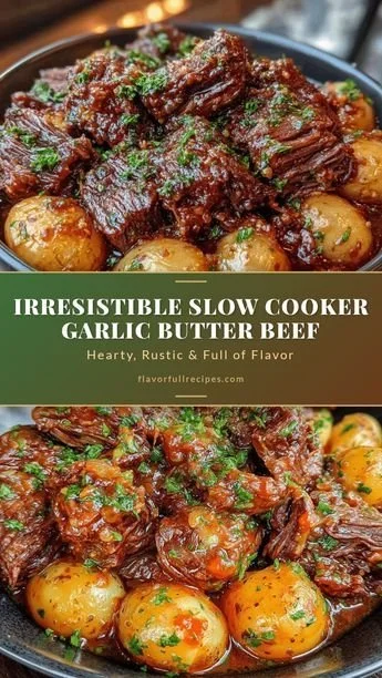 Delicious slow cooker garlic butter beef with tender potatoes on a plate.