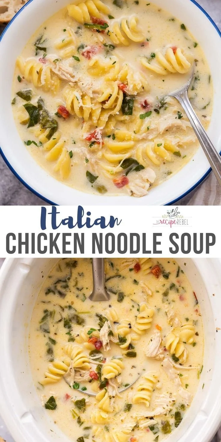 Bowl of Slow Cooker Italian Chicken Noodle Soup garnished with parsley