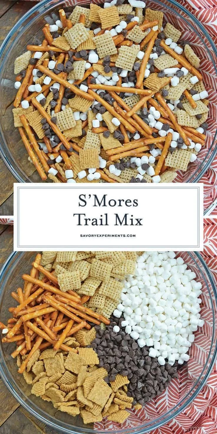 A bowl of S'Mores Trail Mix with chocolate, marshmallows, and graham crackers.