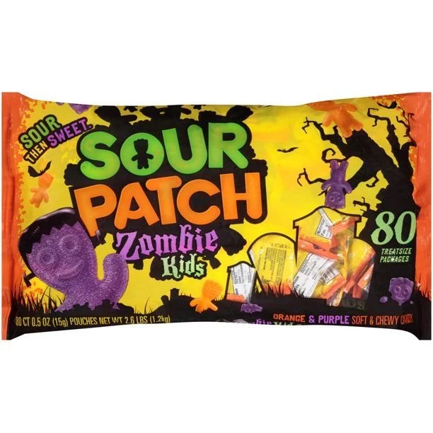 Sour Patch Zombie Kids Edition candy with vibrant colors and zombie-themed packaging