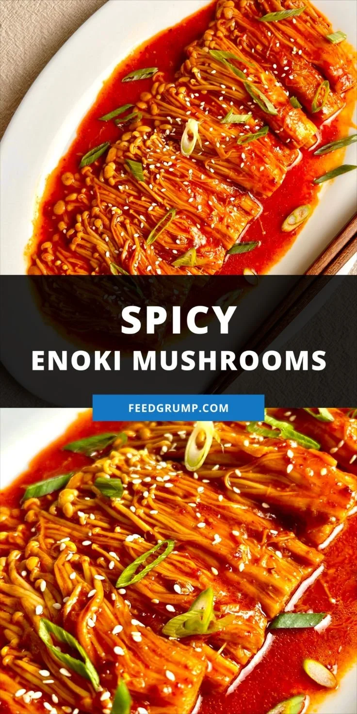 Delicious spicy enoki mushrooms garnished with herbs on a plate