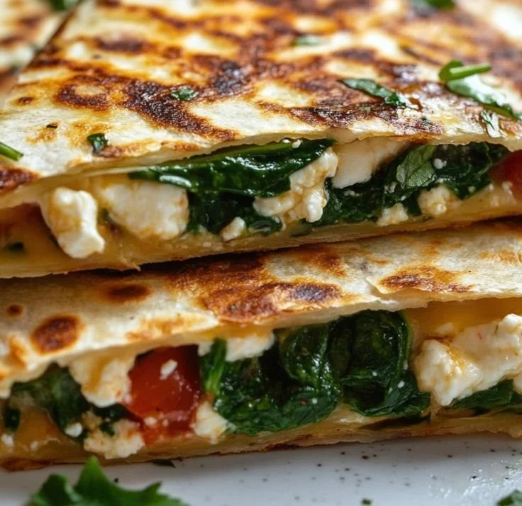 Delicious spinach and feta quesadillas on a plate, garnished with fresh herbs.