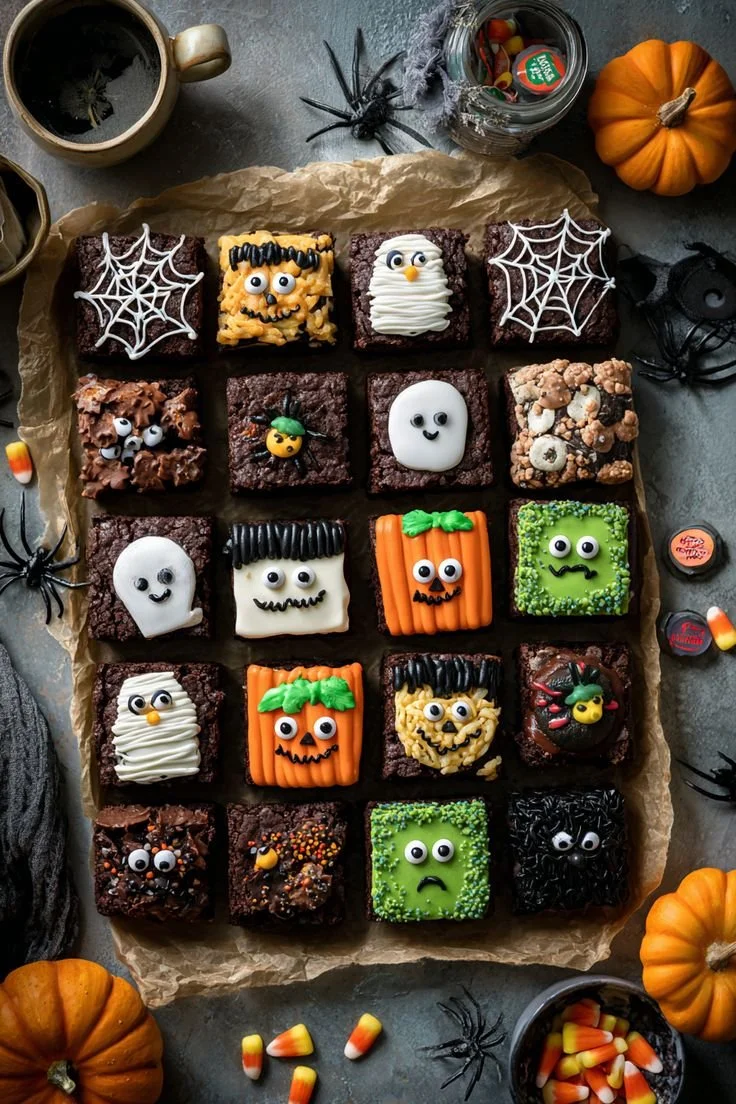 Decorated spooky Halloween brownies for kids' parties and festive treats