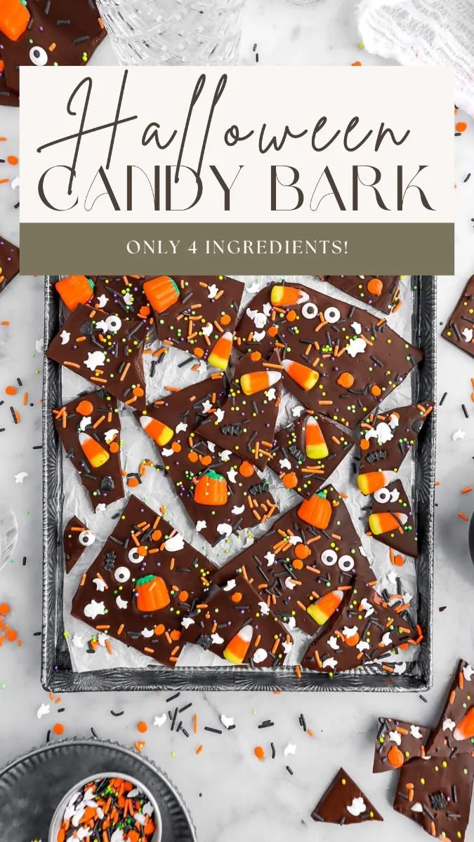 Spooky Halloween dark chocolate candy bark with colorful candy toppings