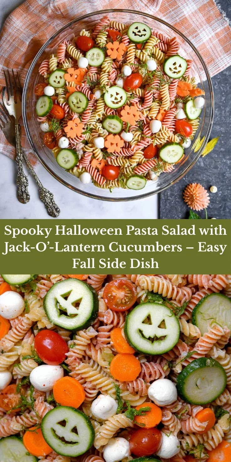 Spooky Halloween Pasta Salad with Jack-O’-Lantern cucumber decorations
