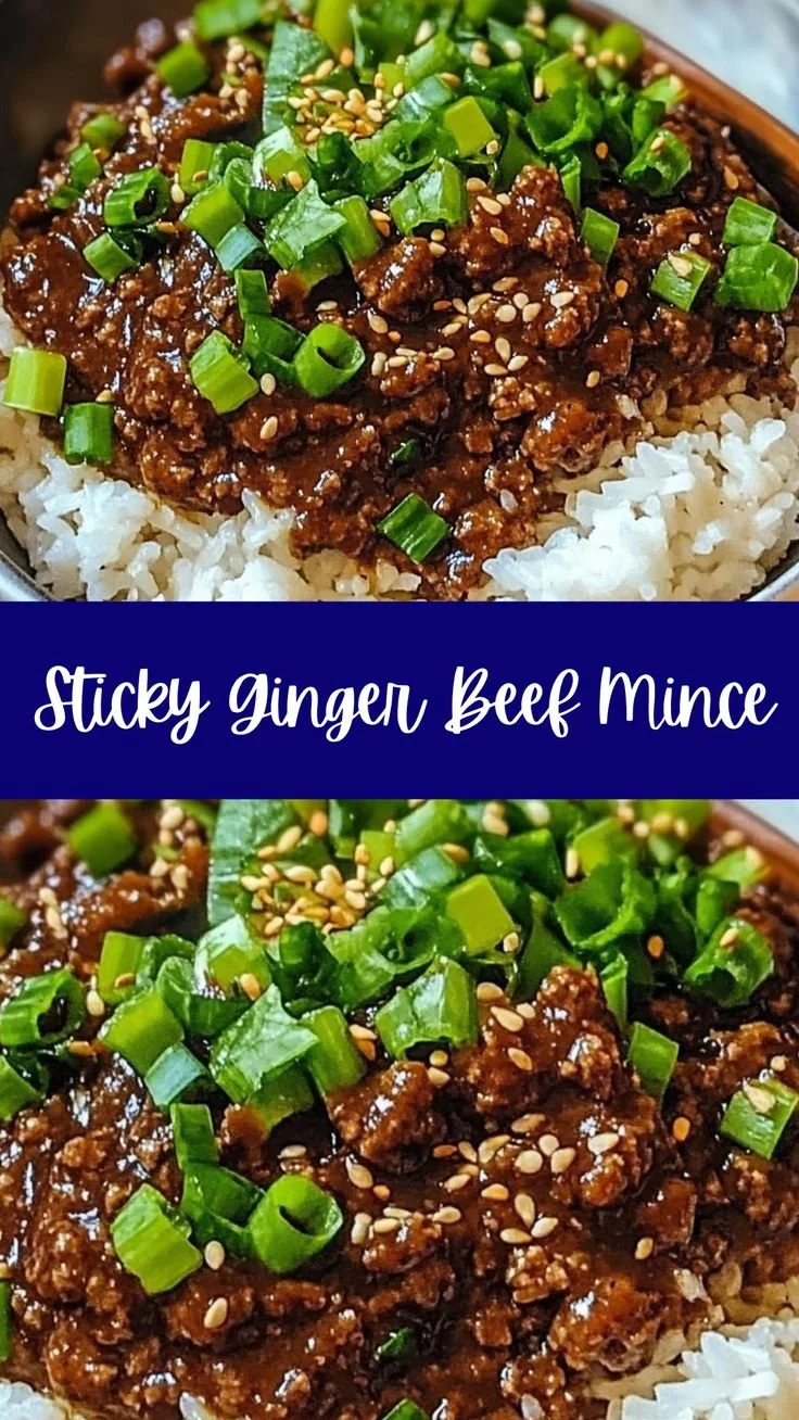 Delicious sticky ginger beef mince served with rice and vegetables.