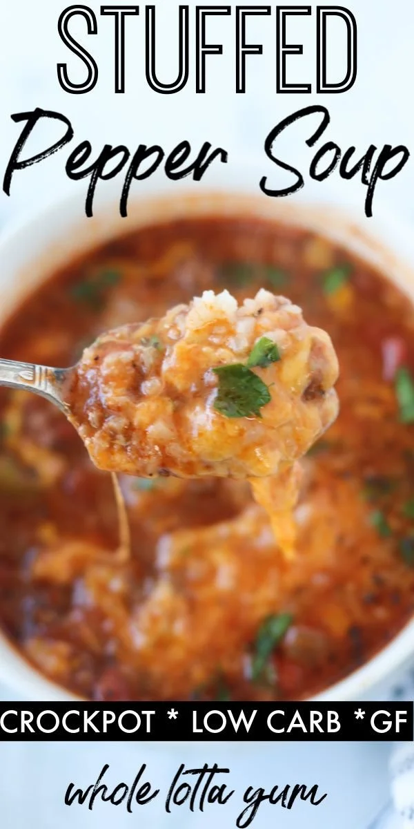 Bowl of homemade stuffed pepper soup with colorful peppers and herbs