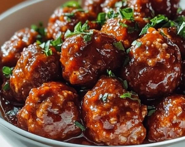 Delicious Sweet Chili Meatballs served in a bowl with herbs