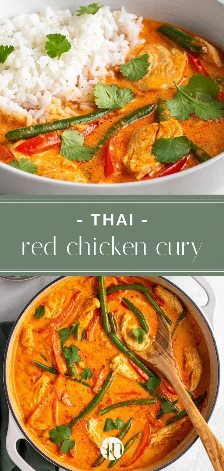 Delicious Thai Red Chicken Curry served with rice and fresh herbs.
